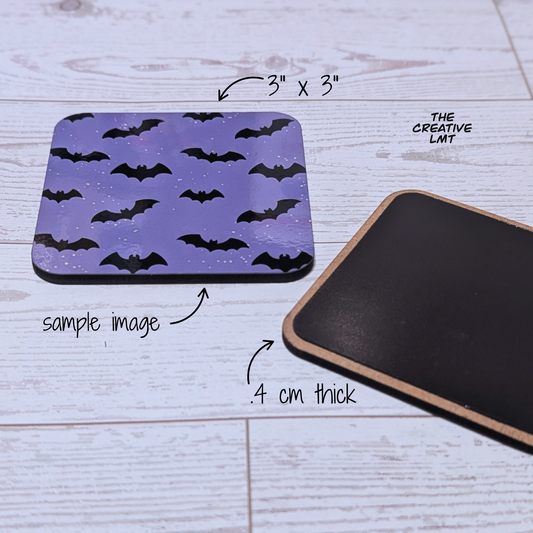 Purple with black bat pattern on a light wooden surface, labeled with dimensions and brand name.