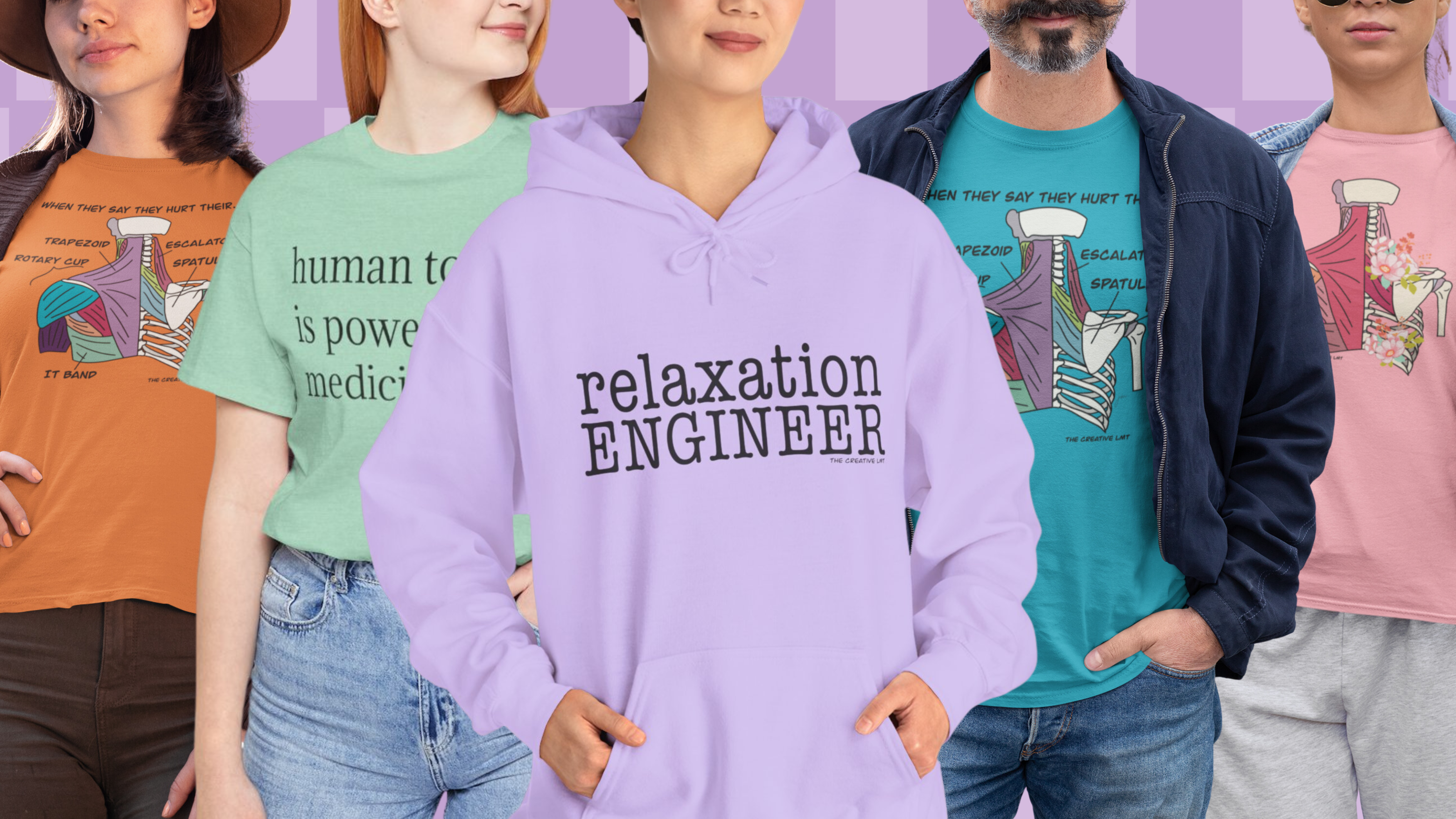 People wearing various t-shirts and a hoodie with different designs and text.